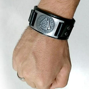Bracelet homme Viking - cuir noir - métal argent