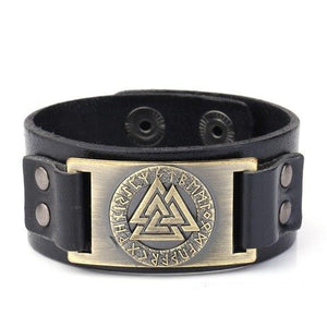 Bracelet homme Viking - cuir noir - métal or